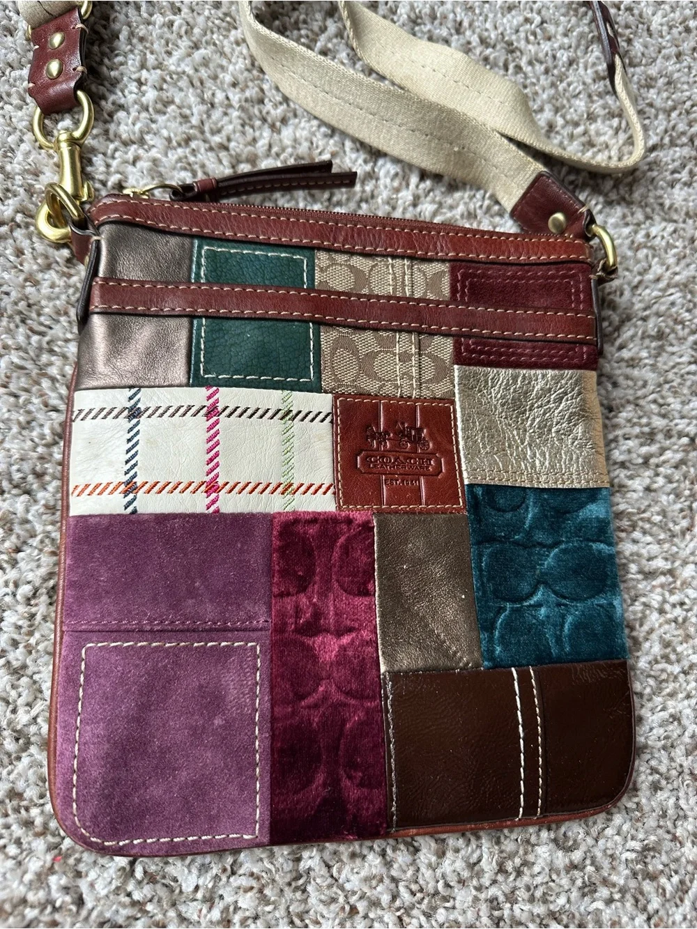 Coach Patchwork Crossbody Bag in Burgundy, Teal, Brown and Cream